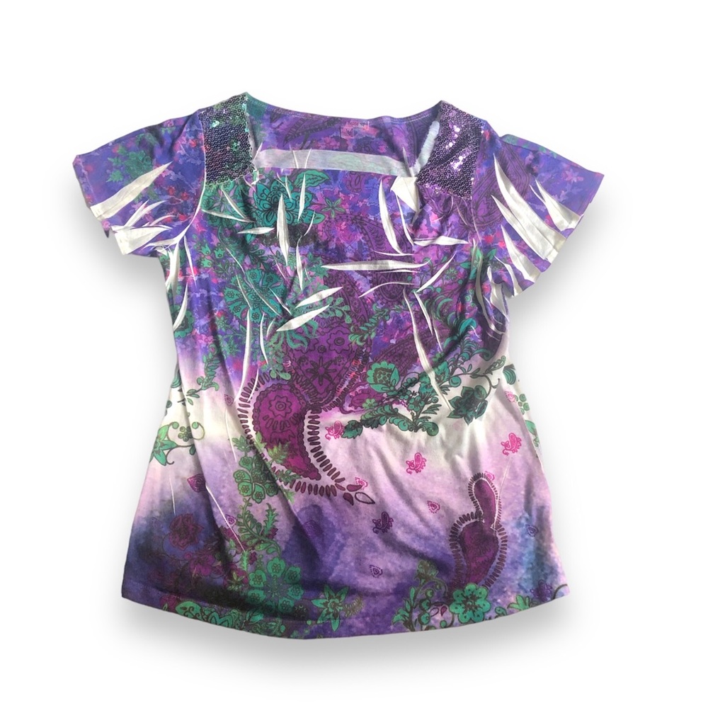 Y2K Simply Suzie Colorful Maximalist Boho Paisley Print Sequin Shirt Large